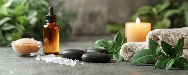 Aufkleber - Essential Oil Bottle with Spa Stones and Candle Relaxation and Aromatherapy Zen Still Life Beauty and Wellness Natural Therapy : Generative AI