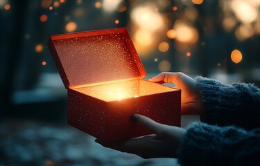 Poster - Mystical Gift Box Glowing with Warm Light Unveiling Magic and Wonder in Dark Ambience : Generative AI