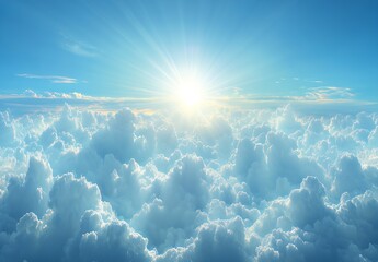 Poster - Beautiful sky with sunlight shining over fluffy clouds creating a dreamy atmosphere : Generative AI