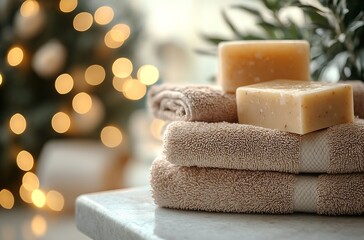 Aufkleber - Relaxing spa moment featuring soft towels and natural soap in a softly lit setting : Generative AI