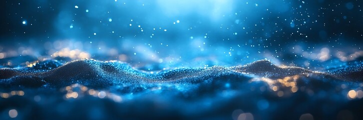 Poster - Enchanting Blue Abstract Particle Wave with Golden Highlights Creating a Dreamy and Futuristic Landscape : Generative AI