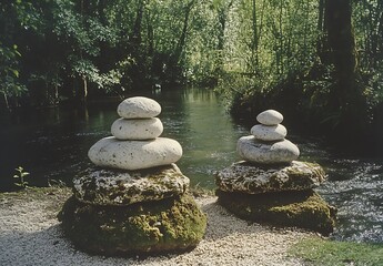 Fototapete - Zen Stone Stacking Art by Riverbank in Lush Forest Nature's Balance and Tranquility Scene Peaceful Outdoor Harmony : Generative AI