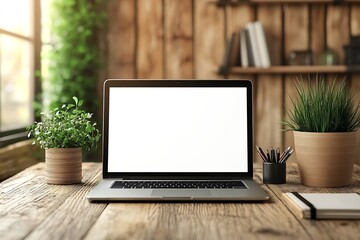 Aufkleber - Laptop on Wooden Desk with Plants Home Office Setup Modern Workspace Blank Screen for Mockup Cozy Interior : Generative AI