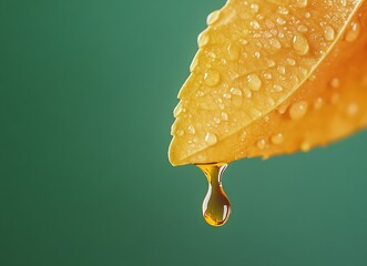 Poster - Golden Drop Close Up of Water Droplet Hanging from Edge of Vivid Yellow Leaf Against a Calming Green Background : Generative AI