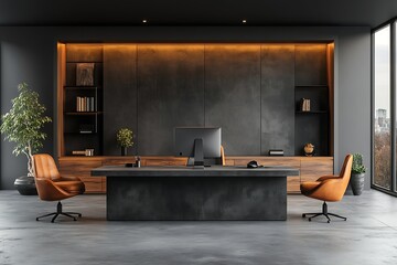 Leinwandbilder - Modern Office Interior Design with Desk Chairs and Bookshelves in a Corporate Workspace Setting : Generative AI