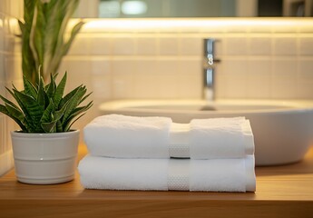 Poster - Modern Bathroom Decor with White Towels and Green Plant Accenting a Clean Minimalist Design for Home or Hotel : Generative AI