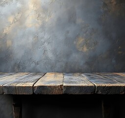 Fototapete - Rustic Wooden Table Against Textured Wall Perfect for Product Mockups and Food Photography Grunge Style Background Empty Space : Generative AI