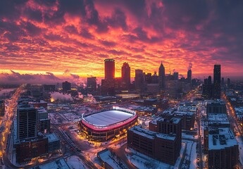 Fototapete - Spectacular winter city skyline illuminated during sunset featuring dramatic clouds and urban elements : Generative AI