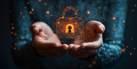 Poster - Cyber Security Digital Lock Data Protection on Hands Internet Safety Network Privacy Secure System Technology : Generative AI