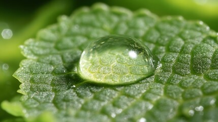 Poster - Close Up of a Dew Drop on a Leaf Fresh Greenery Detail Macro Photography Pure Water Jewel : Generative AI