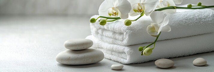 Poster - Spa Still Life with White Towels Orchid Flowers and Smooth Stones Perfect for Wellness and Relaxation Concepts : Generative AI