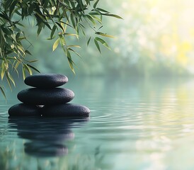 Leinwandbilder - Tranquil Zen Garden Scene with Stacked Stones by Calm Lake and Bamboo Leaves Reflection for Serenity : Generative AI
