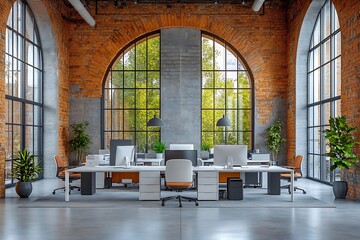 Leinwandbilder - Modern Open Office Interior with Brick Walls Large Arched Windows and Workstations Emphasizing a Creative and Collaborative Space : Generative AI