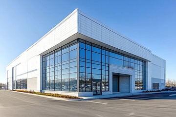 Aufkleber - Modern Commercial Building Exterior with Glass Facade and Blue Sky Contemporary Architecture and Office Space : Generative AI