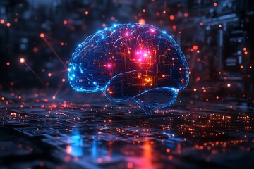 Leinwandbilder - AI Brain Illustration. Conceptual Futuristic AI Brain with Glowing Neural Network.  Digital Circuitry and Artificial Intelligence Concept Innovation : Generative AI