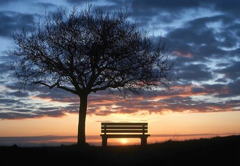 Poster - Captivating silhouette of a tree beside a bench capturing the moment as the sun dips below the horizon : Generative AI