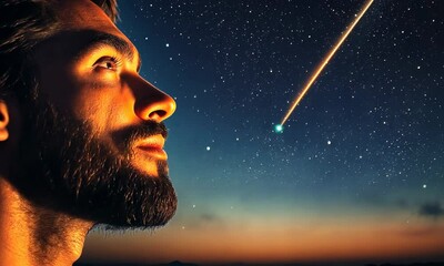 Wall Mural - man gazing at a shooting star, his expression awash with wonder and hope, starry night sky stretchin