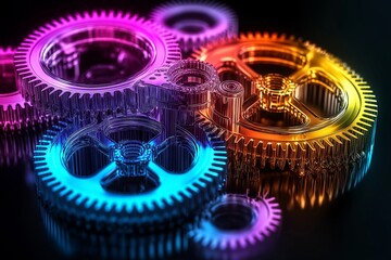 Poster - Complex interlocked colorful transparent gears with neon glow and modern mechanical design in futuristic engineering concept, Generative AI