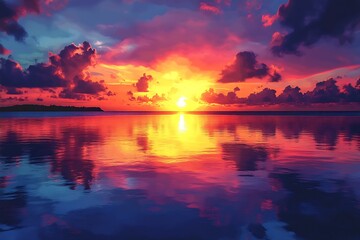 Aufkleber - Vibrant Sunset Over Ocean Reflecting Colorful Clouds Dramatic Seascape Nature Photography Tranquil Water : Generative AI