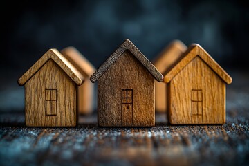 Poster - Miniature Wooden House Models on Wood Table with Moody Lighting Home and Investment Concepts : Generative AI