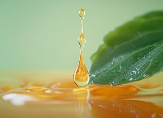 Poster - Golden Oil Drop Suspended Above Glossy Surface with Leaf in Background Natural Beauty and Spa Essential Fluid Still Life : Generative AI