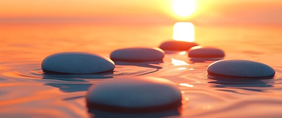 Fototapete - Tranquil Sunset Reflection Stones in Water with Warm Light and Gentle Ripples for Peace : Generative AI