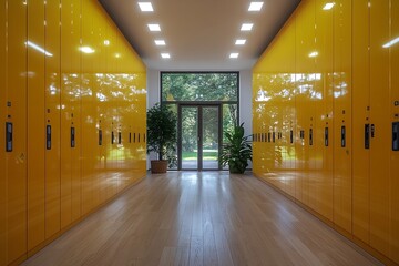 Leinwandbilder - Vibrant Yellow Lockers Hallway with Open Door and Natural Light School Storage Area Modern Design : Generative AI
