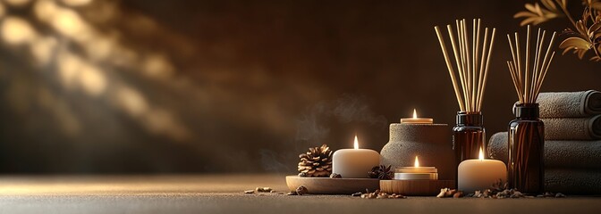 Poster - Serene Spa Still Life with Candles Towels and Aroma Diffusers for Relaxation and Wellness : Generative AI