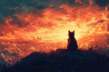 Naklejka na meble Silhouette cat gazes at fiery sunset