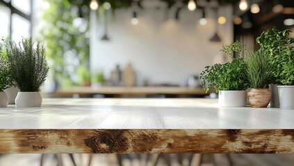 Aufkleber - Rustic Wooden Table with Potted Plants in Blurred Cafe Backdrop for Product Photography and Interior Design : Generative AI