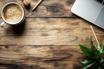 Leinwandbilder - Cozy Coffee Break on Rustic Wooden Table with Laptop Stationery and Green Plant for Creative Workspace : Generative AI