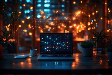 Aufkleber - Laptop Displaying Abstract Digital Network on Desk in Cozy Office Futuristic Technology Interface Concept : Generative AI