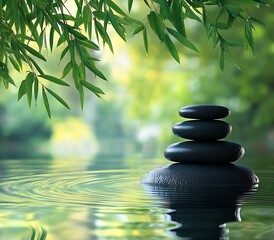 Aufkleber - Zen stones stacked on water creating ripples for calm meditation and mindfulness in serene nature setting peace and balance : Generative AI