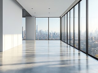Aufkleber - Modern Empty Office Space with Large Windows Overlooking City Skyline Real Estate and Commercial Property Concept : Generative AI