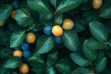 Aufkleber - Closeup of Yellow and Blue Plums Growing on a Branch with Lush Green Leaves Perfect for Food Photography : Generative AI