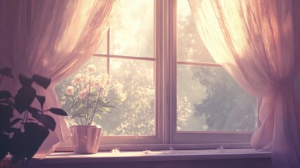Leinwandbilder - Delicate window with curtains blowing in a sunny pastel morning light creating a serene atmosphere