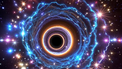A mesmerizing black hole in deep space, surrounded by swirling cosmic energy in vibrant blue and orange hues. The event horizon creates a perfect dark circle while stellar matter and light bend around