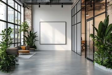 Fototapete - Modern Office Interior with Blank Frame Plants and Natural Light. Minimalist Workspace Concept for Design Mockup Architecture and Business : Generative AI
