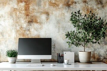 Leinwandbilder - Modern Home Office Setup with Computer Plants and Stylish Decor Against a Rustic Concrete Wall Backdrop : Generative AI