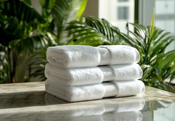 Poster - Stack of Fresh White Towels in Luxury Spa Setting with Green Plants and Natural Light Wellness and Self Care Concept : Generative AI