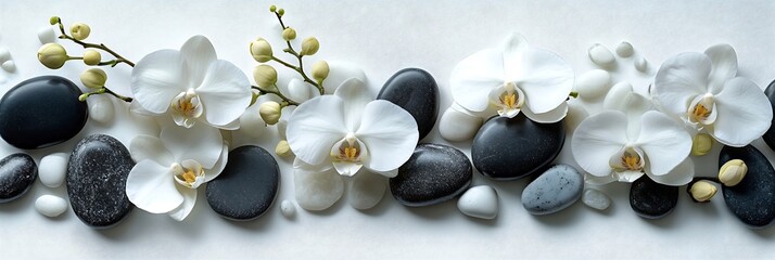 Fototapete - Zen Serenity White Orchids and Polished Black Stones Harmoniously Arranged for a Peaceful Spa or Wellness Concept Floral Still Life : Generative AI