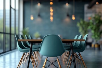Leinwandbilder - Modern Meeting Room Interior with Blue Chairs and Wooden Table Conference Room Setting with Large Windows and Stylish Design : Generative AI