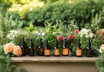 Poster - Artfully arranged essential oil bottles surrounded by lush greenery and vibrant flowers : Generative AI
