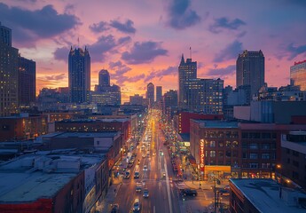 Poster - Stunning city skyline at sunset with vibrant colors illuminating the urban landscape and bustling streets : Generative AI