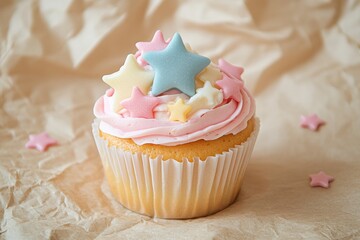 Aufkleber - Delicious cupcake with star-shaped pastel toppings on soft paper texture