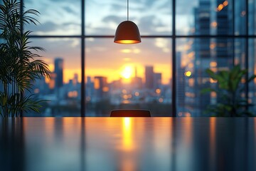 Leinwandbilder - Serene Sunset View from Office Window with Desk Reflecting Light Representing Calm Corporate Environment : Generative AI