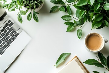 Fototapete - Top Down Flat Lay Workspace with Laptop Coffee Book and Greenery for Creative Productivity and Modern Lifestyle : Generative AI