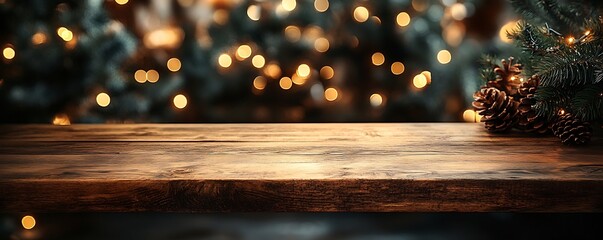 Poster - Festive Christmas Background with Wooden Tabletop and Bokeh Lights for Product Display and Holiday Season Greetings : Generative AI