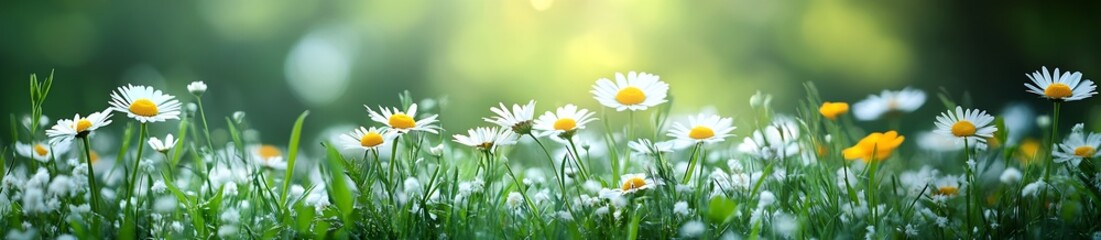 Poster - Beautiful Panorama of Wild Daisies in a Lush Green Meadow on a Sunny Day Delicate White Petals and Yellow Centers : Generative AI