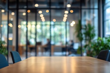 Fototapete - Blurred Office Interior with Meeting Room Glass Partition Plants Wooden Table and Chairs Corporate Workspace Modern Design : Generative AI